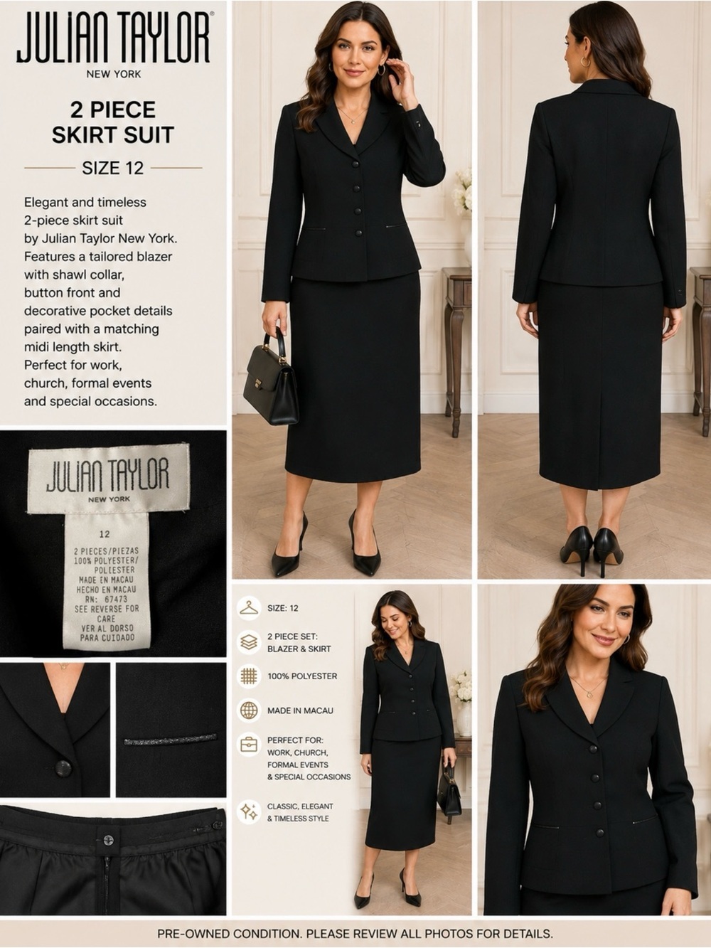Julian Taylor New York Women’s Size 12 Black 2 Piece Blazer & Midi Skirt Suit